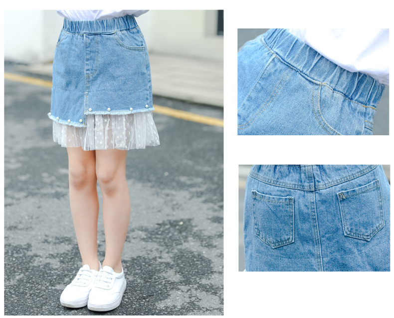 Kids Girls Denim Skirts Children Denim Short Skirt Fashion Summer Casual Lace A-line Skirt 19115