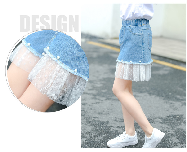 Kids Girls Denim Skirts Children Denim Short Skirt Fashion Summer Casual Lace A-line Skirt 19115