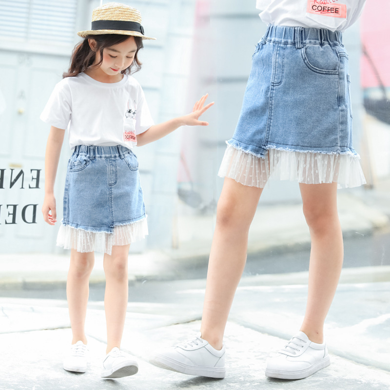 Kids Girls Denim Skirts Children Denim Short Skirt Fashion Summer Casual Lace A-line Skirt 19115