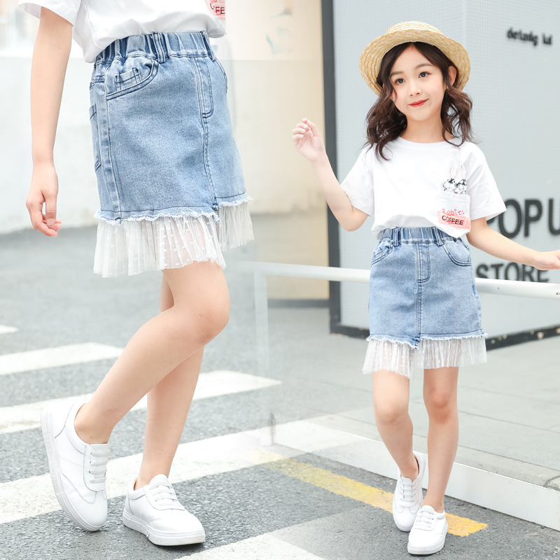 Kids Girls Denim Skirts Children Denim Short Skirt Fashion Summer Casual Lace A-line Skirt 19115
