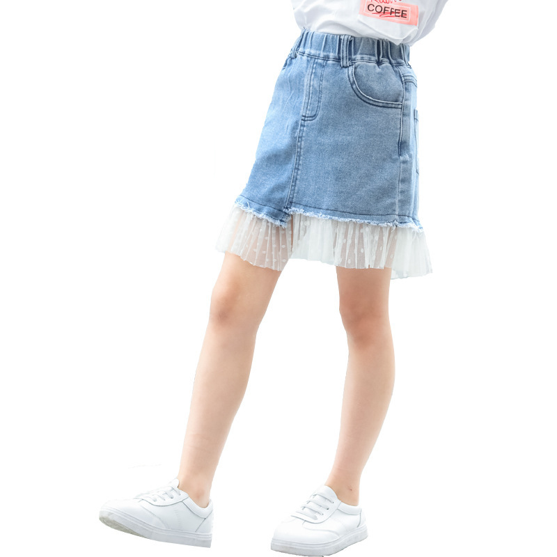 Kids Girls Denim Skirts Children Denim Short Skirt Fashion Summer Casual Lace A-line Skirt 19115