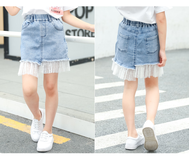 Kids Girls Denim Skirts Children Denim Short Skirt Fashion Summer Casual Lace A-line Skirt 19115