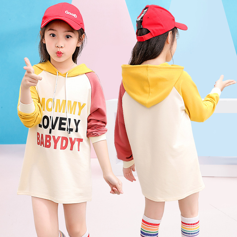 Baby Girls T-shirt Cotton Hooded Tops Children Clothing Long Sleeve Letter Long Bottoms