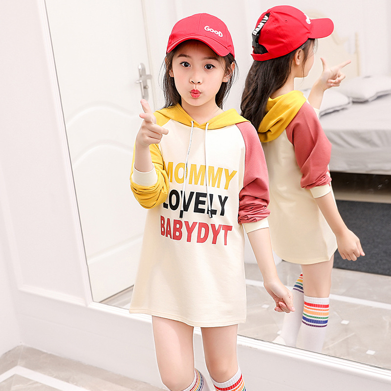 Baby Girls T-shirt Cotton Hooded Tops Children Clothing Long Sleeve Letter Long Bottoms