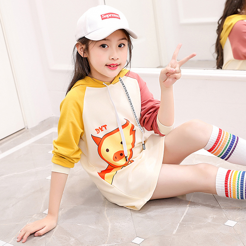 Baby Girls T-shirt Cotton Hooded Tops Children Clothing Long Sleeve Letter Long Bottoms