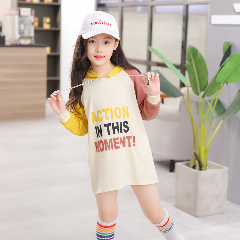 Baby Girls T-shirt Cotton Hooded Tops Children Clothing Long Sleeve Letter Long Bottoms