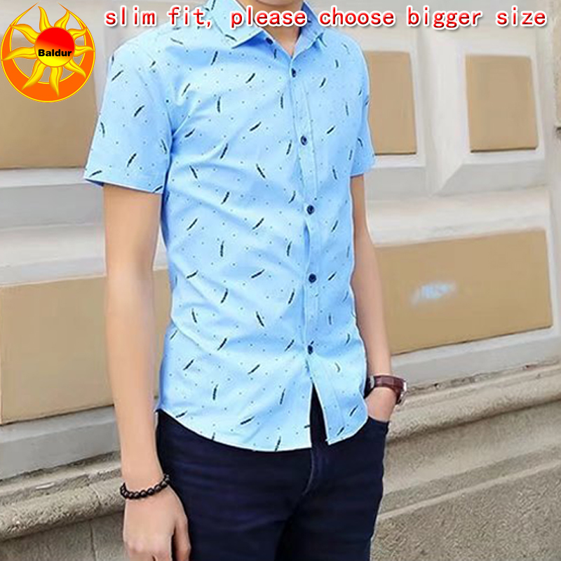 Blue and white are visible Men's Clothes Short sleeve slim fit Shirts Feather Printed Shirts Youth business casual shirt boys Classic square neck Shirts