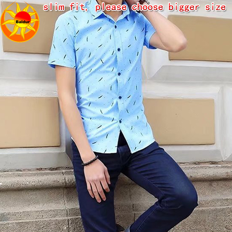 Blue and white are visible Men's Clothes Short sleeve slim fit Shirts Feather Printed Shirts Youth business casual shirt boys Classic square neck Shirts
