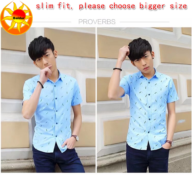 Blue and white are visible Men's Clothes Short sleeve slim fit Shirts Feather Printed Shirts Youth business casual shirt boys Classic square neck Shirts