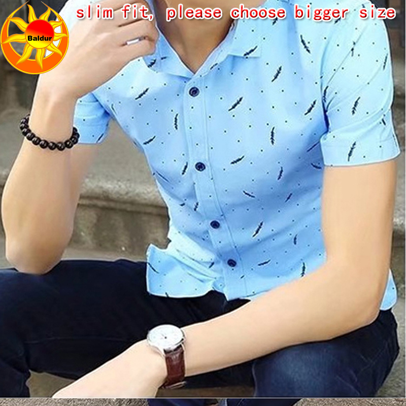 Blue and white are visible Men's Clothes Short sleeve slim fit Shirts Feather Printed Shirts Youth business casual shirt boys Classic square neck Shirts