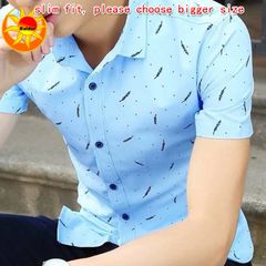 Men’s Clothes Short sleeve slim fit Shirts Feather Printed Shirts Buy a larger size than usual blue m