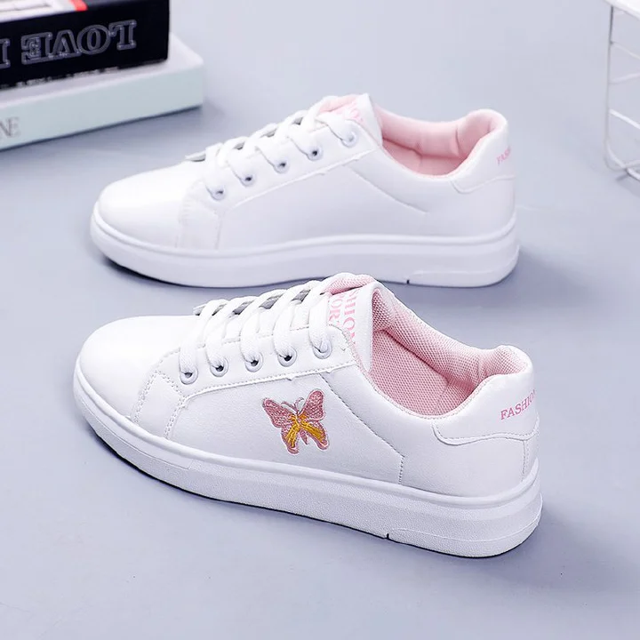 Baldur Women's Butterfly embroidery shoes ladies' flat shoes girls sneakers athletic students casual breathable shoes sports shoes artificial Pu leather white +  pink