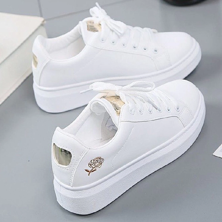 Women's board shoes sports shoes  girls athletic casual shoes classic ladies running shoes artificial leather PU leather white shoes students rose embroidery