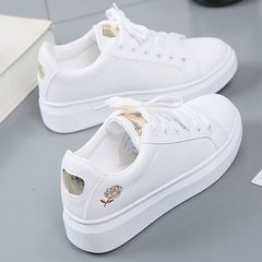 Women's board shoes sports shoes  girls athletic casual shoes classic ladies running shoes artificial leather PU leather white shoes students rose embroidery fashion sneaker Gold 37(3)