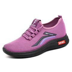 Women's soft sole sport shoes ladies' fly woven fashion sneakers students light running shoes girls gym athletic shoes flat casual shoes comfortable breathable walking shoes purple 40
