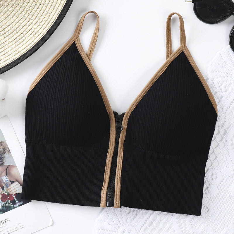 3PC Women’s deep V-zipper bra ladies without underwire comfortable strap bra girls running yoga sports bra fashion lingerie sportswear Removable chest pad