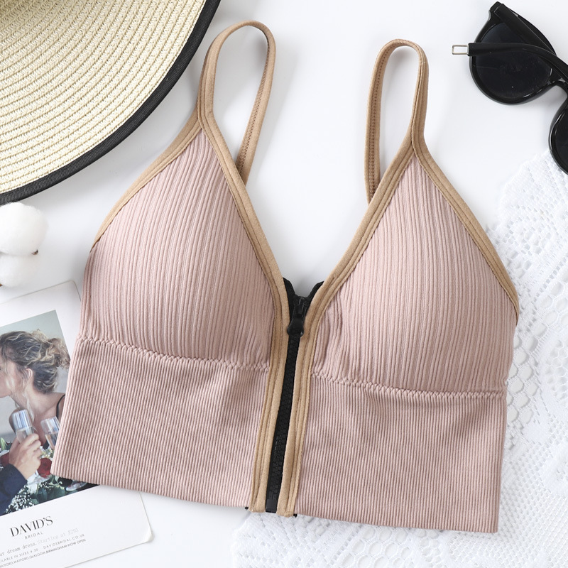 3PC Women’s deep V-zipper bra ladies without underwire comfortable strap bra girls running yoga sports bra fashion lingerie sportswear Removable chest pad