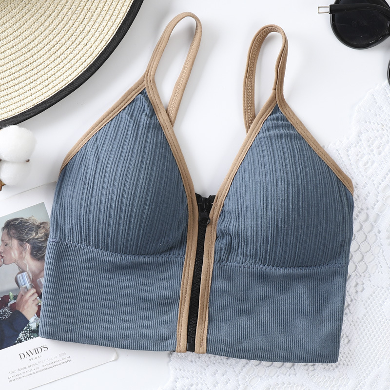 3PC Women’s deep V-zipper bra ladies without underwire comfortable strap bra girls running yoga sports bra fashion lingerie sportswear Removable chest pad