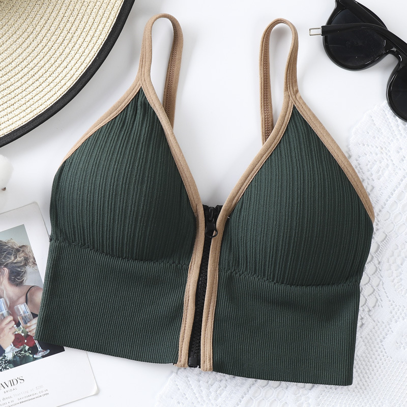 3PC Women’s deep V-zipper bra ladies without underwire comfortable strap bra girls running yoga sports bra fashion lingerie sportswear Removable chest pad