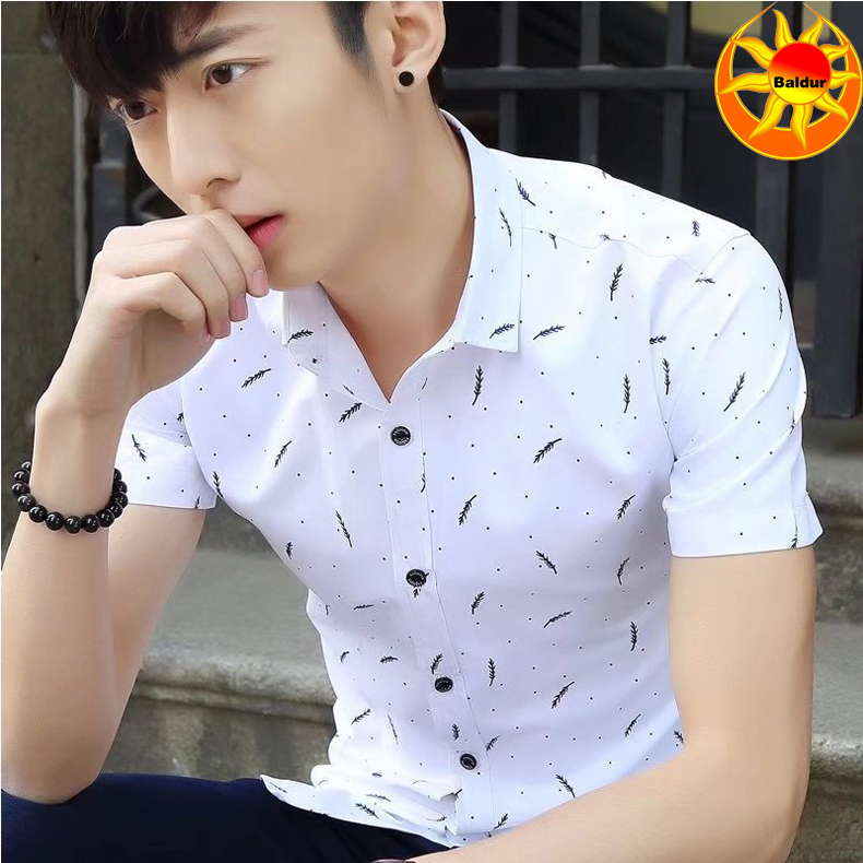 Blue and white are visible Men's Clothes Short sleeve slim fit Shirts Feather Printed Shirts Youth business casual shirt boys Classic square neck Shirts