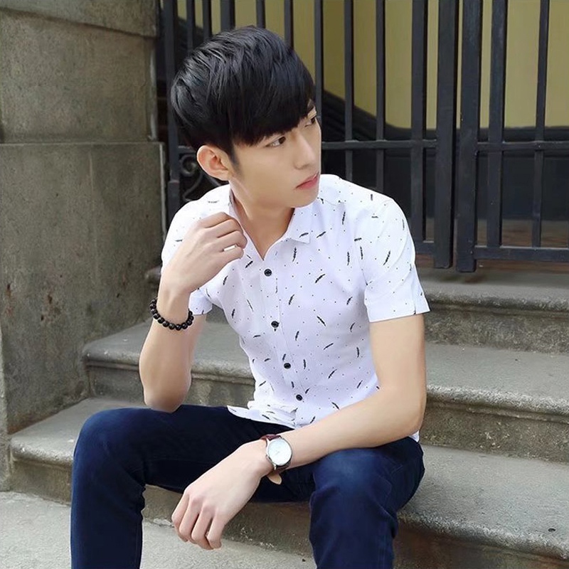 Blue and white are visible Men's Clothes Short sleeve slim fit Shirts Feather Printed Shirts Youth business casual shirt boys Classic square neck Shirts