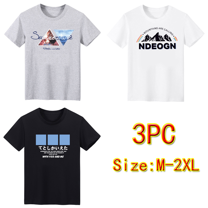 Size M -2XL 3PC men's short sleeve T-shirts boys summer casual printed clothes younger round neck T-shirts youth students half sleeve slim T-shirt men's wear