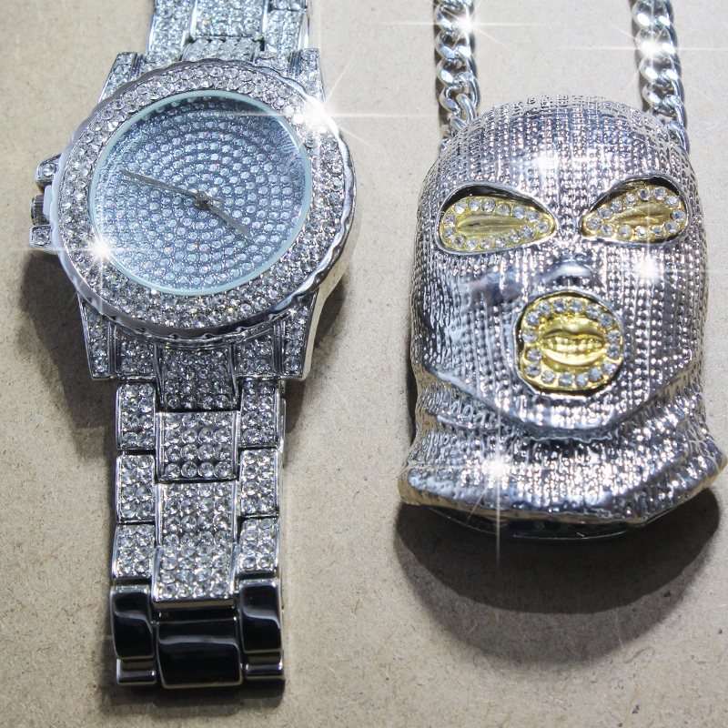 Men Hip Hop Iced Out Simulated CZ Zircon Watch Amp GoonSki Mask Pendant Necklace set