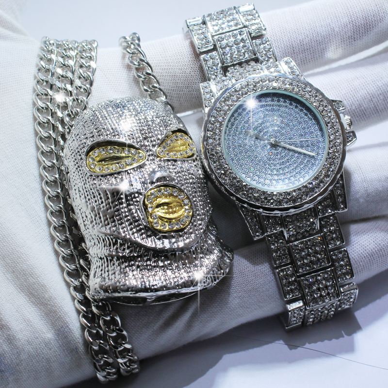 Men Hip Hop Iced Out Simulated CZ Zircon Watch Amp GoonSki Mask Pendant Necklace set