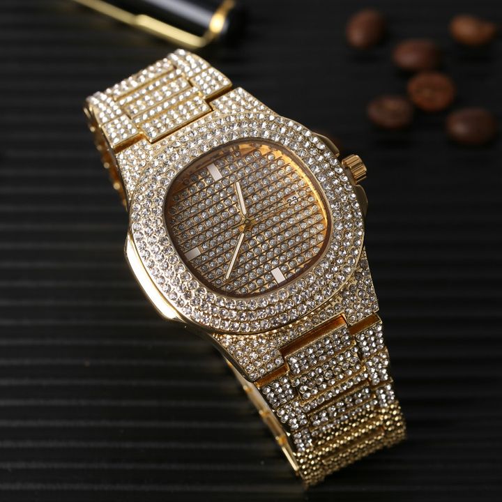 Luxury Men Diamond Watch+Diamond Bracelet Luxury Fashion Gold Men Ice Out Cuban Watch