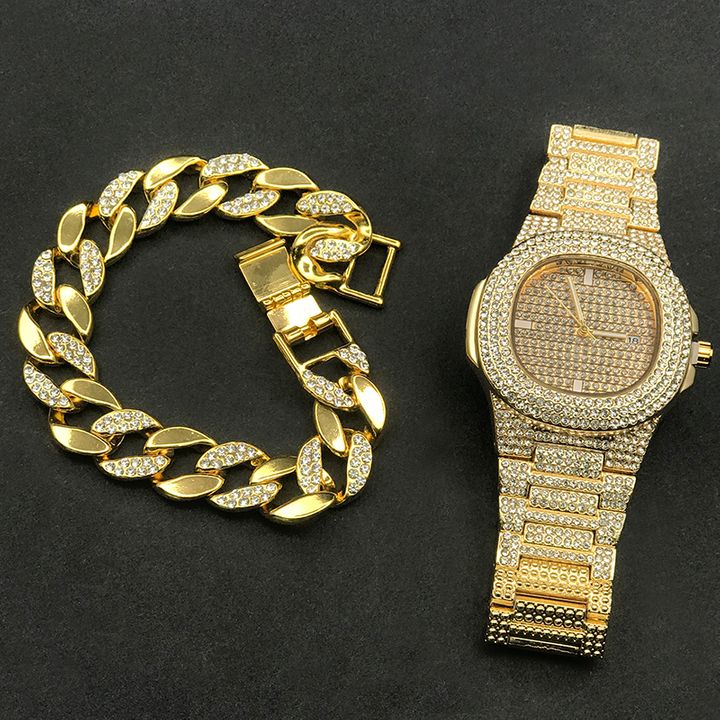 Luxury Men Diamond Watch+Diamond Bracelet Luxury Fashion Gold Men Ice Out Cuban Watch