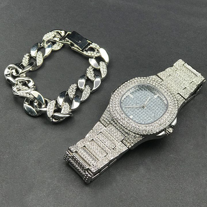Luxury Men Diamond Watch+Diamond Bracelet Luxury Fashion Gold Men Ice Out Cuban Watch