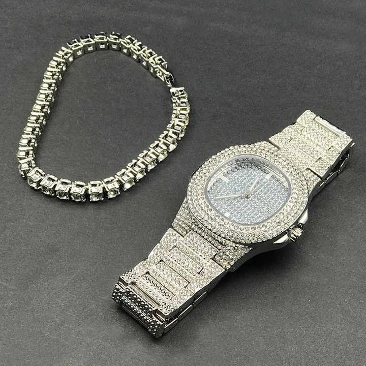 Luxury Men Diamond Watch+Diamond Bracelet Luxury Fashion Gold Men Ice Out Cuban Watch