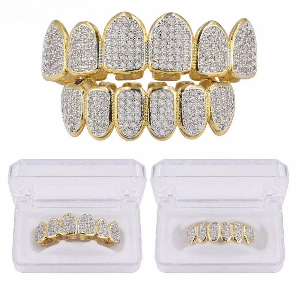 Hip Hop/Punk Teeth Grillz Set Gold Silver Teeth Grillz Top &amp; Bottom Grills Dental Mouth Caps Cosplay
