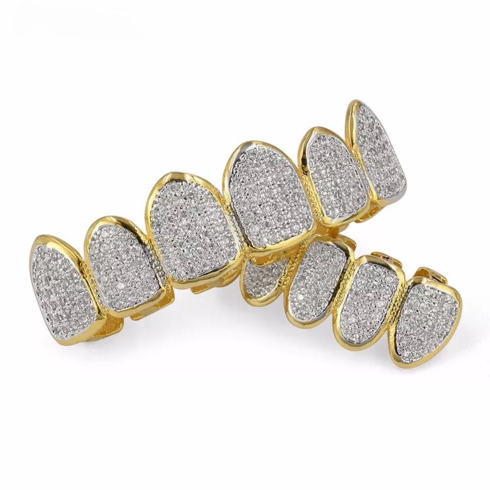 Hip Hop/Punk Teeth Grillz Set Gold Silver Teeth Grillz Top &amp; Bottom Grills Dental Mouth Caps Cosplay