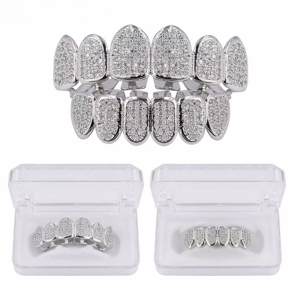 Hip Hop/Punk Teeth Grillz Set Gold Silver Teeth Grillz Top &amp; Bottom Grills Dental Mouth Caps Cosplay