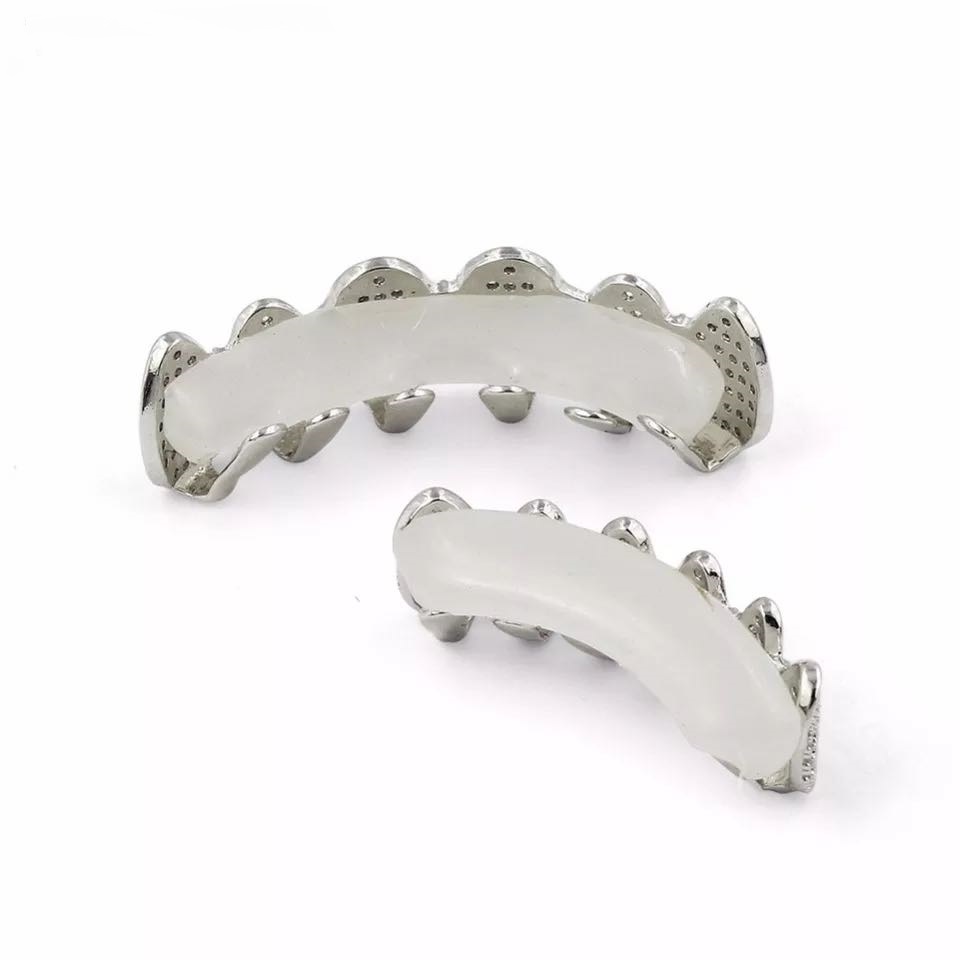 Hip Hop/Punk Teeth Grillz Set Gold Silver Teeth Grillz Top &amp; Bottom Grills Dental Mouth Caps Cosplay