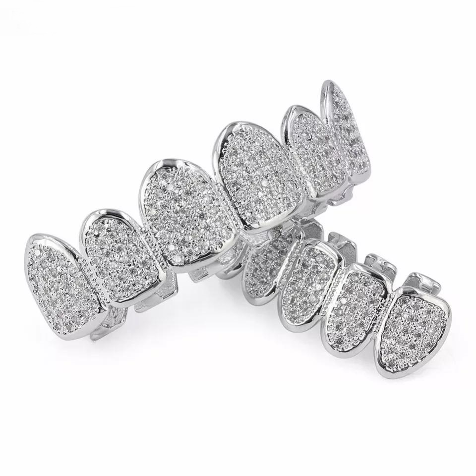 Hip Hop/Punk Teeth Grillz Set Gold Silver Teeth Grillz Top &amp; Bottom Grills Dental Mouth Caps Cosplay