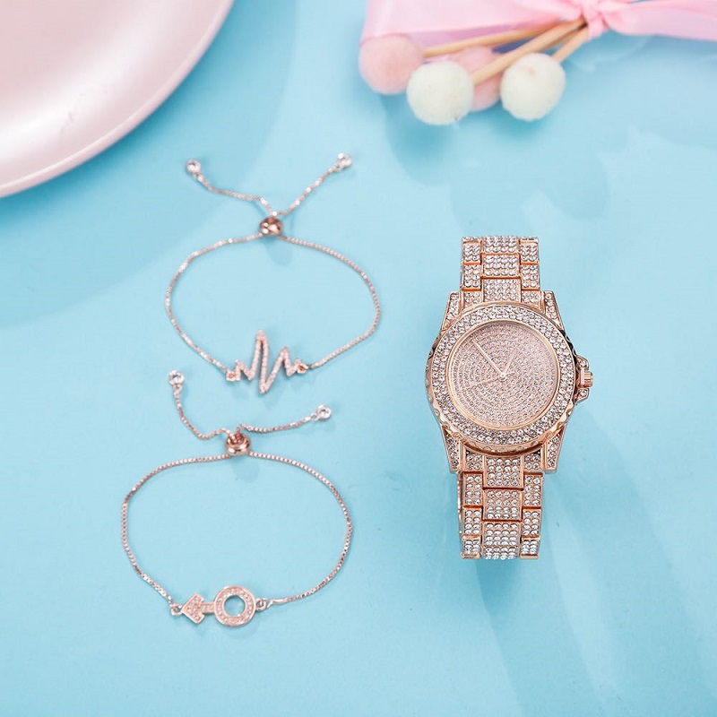 3 PCS Watch Gift Set Boutique Packaging Trend Diamond Set Chain Bracelets + Steel Belt Quartz Watch