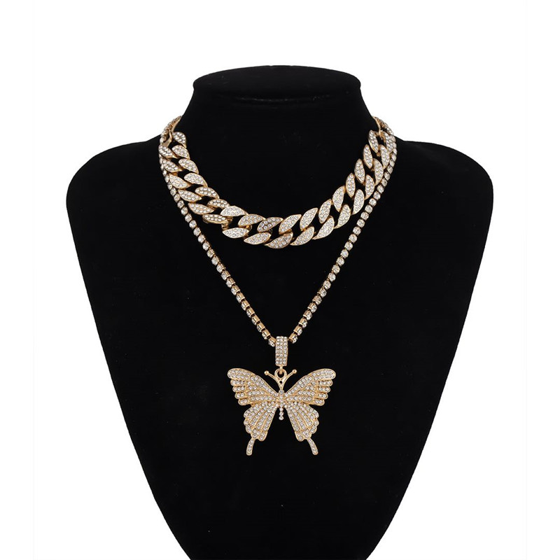 Iced Out Luxury Bling Crystal Butterfly Pendant Necklace  Girl Hip Hop Cuban Chain Choker  Jewelry