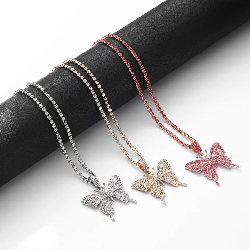 Iced Out Luxury Bling Crystal Butterfly Pendant Necklace  Girl Hip Hop Cuban Chain Choker  Jewelry
