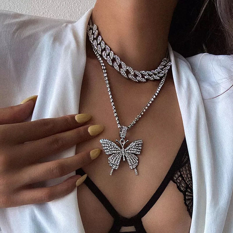 Iced Out Luxury Bling Crystal Butterfly Pendant Necklace  Girl Hip Hop Cuban Chain Choker  Jewelry