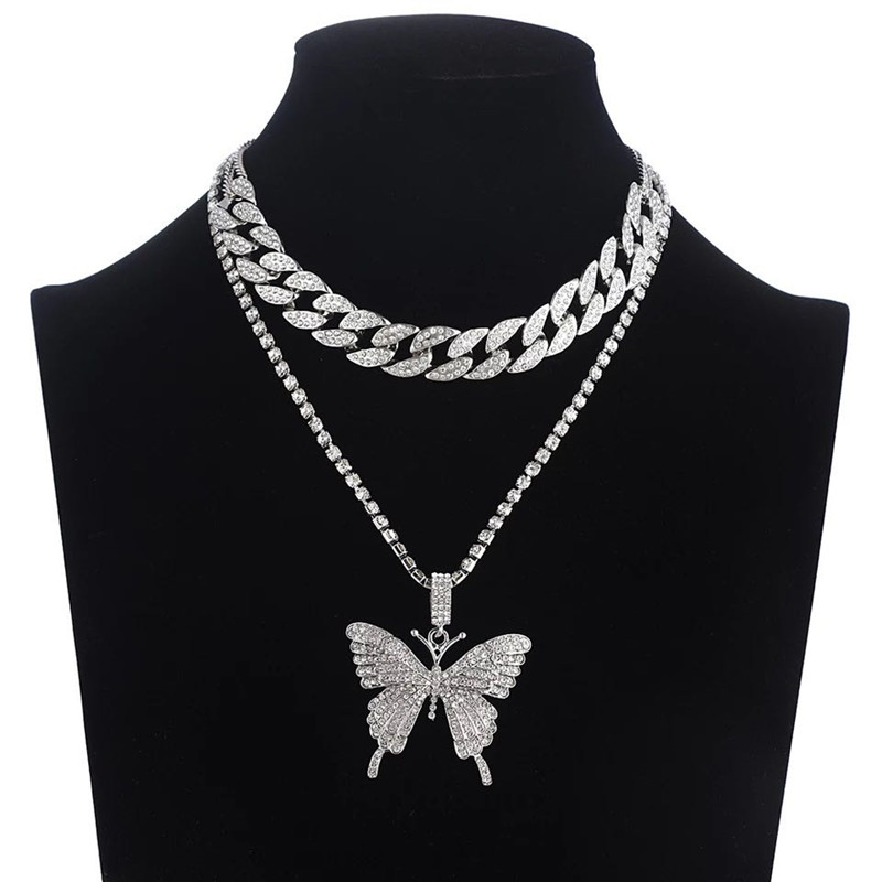 Iced Out Luxury Bling Crystal Butterfly Pendant Necklace  Girl Hip Hop Cuban Chain Choker  Jewelry