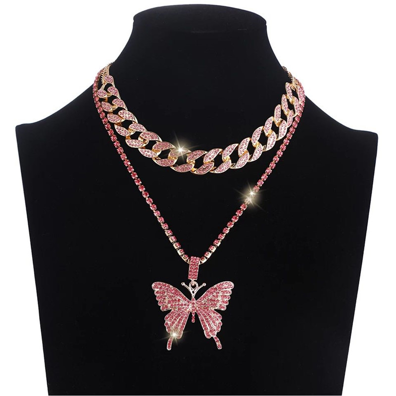 Iced Out Luxury Bling Crystal Butterfly Pendant Necklace  Girl Hip Hop Cuban Chain Choker  Jewelry