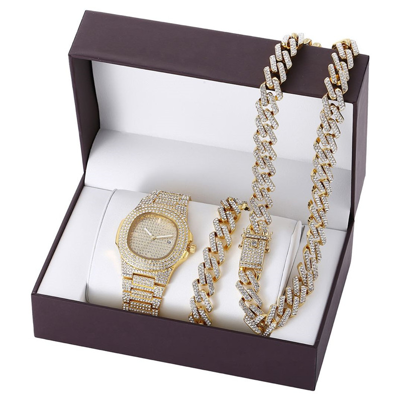 Luxury Watch Set Hip Hop Watches Necklace Bracelet Chain Iced Out Paved Rhinestone Bling Jewelry Box
