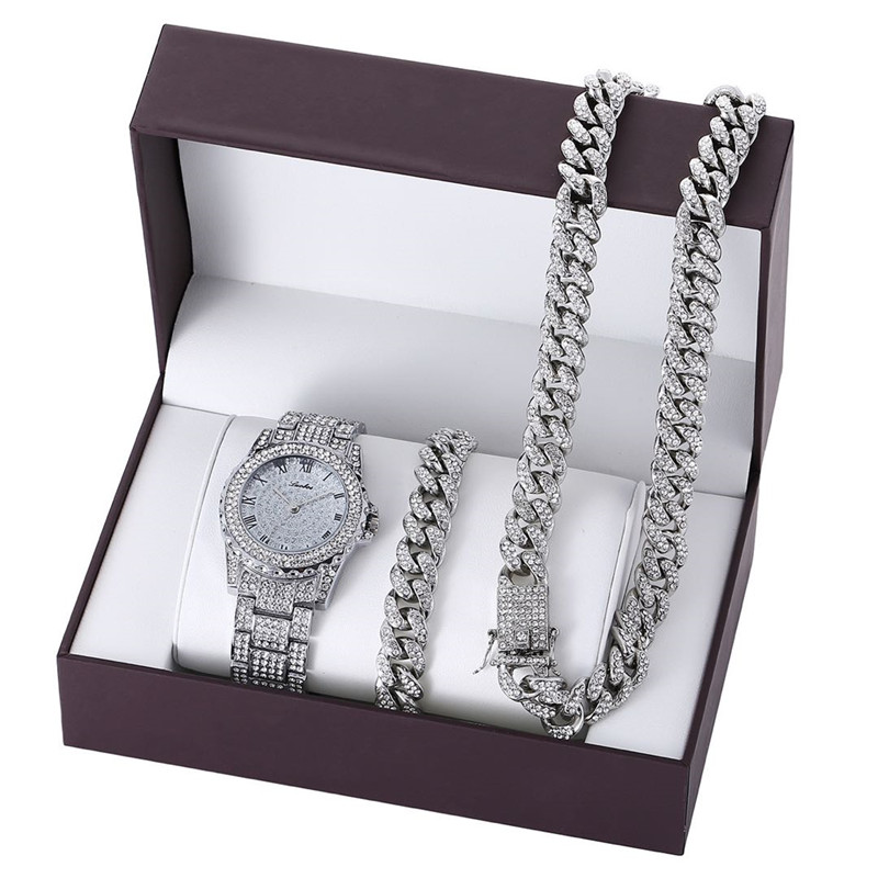 Luxury Watch Set Hip Hop Watches Necklace Bracelet Chain Iced Out Paved Rhinestone Bling Jewelry Box