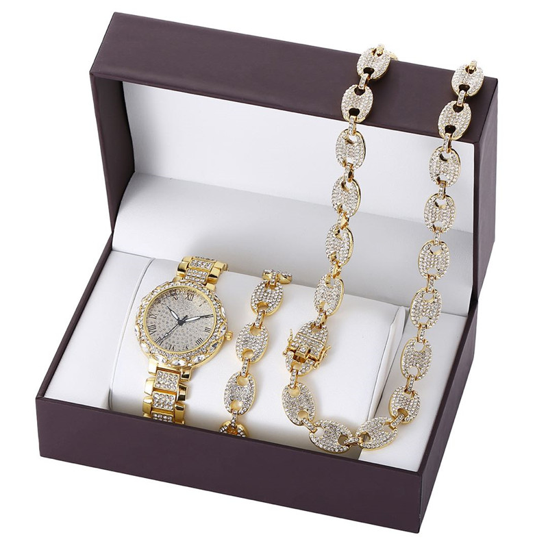 Luxury Watch Set Hip Hop Watches Necklace Bracelet Chain Iced Out Paved Rhinestone Bling Jewelry Box