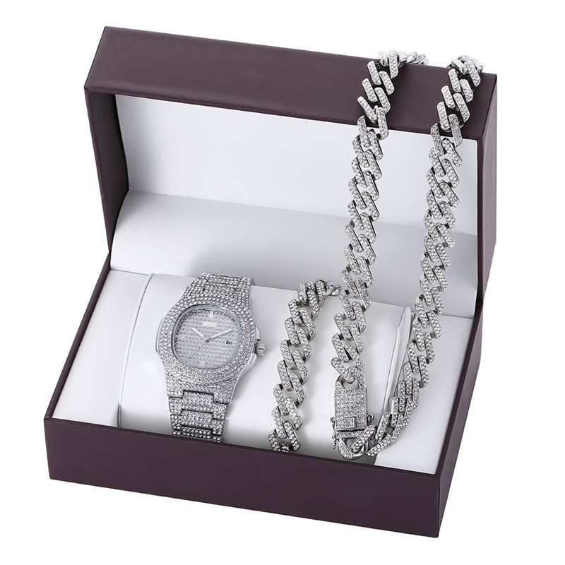 Luxury Watch Set Hip Hop Watches Necklace Bracelet Chain Iced Out Paved Rhinestone Bling Jewelry Box