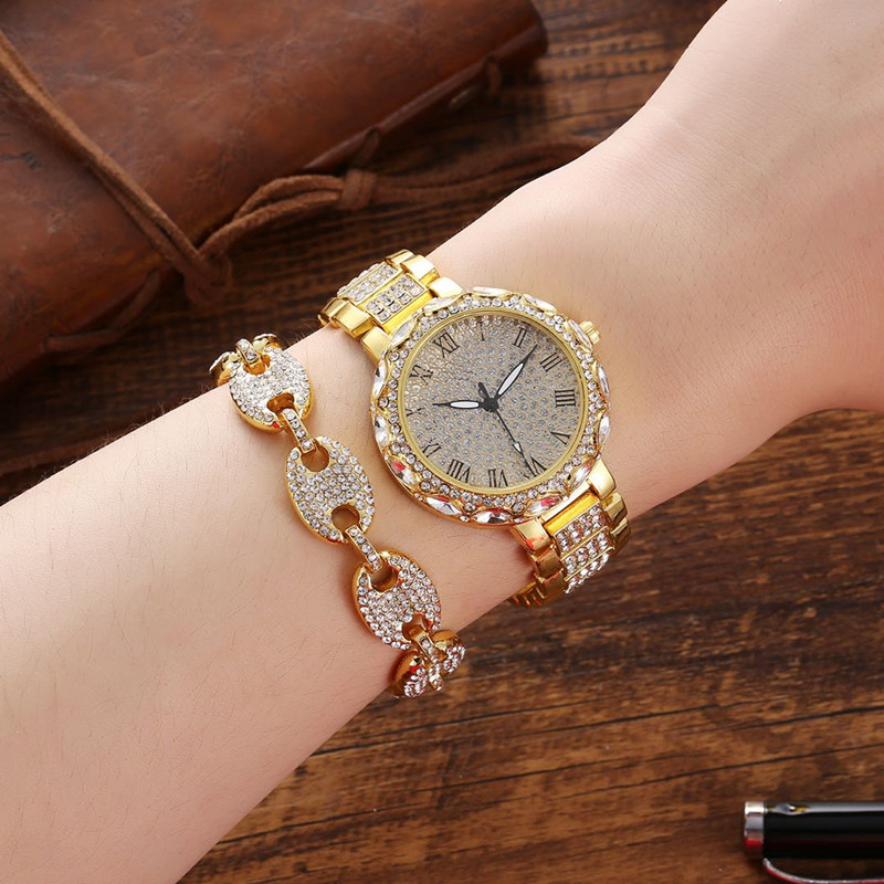 Luxury Watch Set Hip Hop Watches Necklace Bracelet Chain Iced Out Paved Rhinestone Bling Jewelry Box