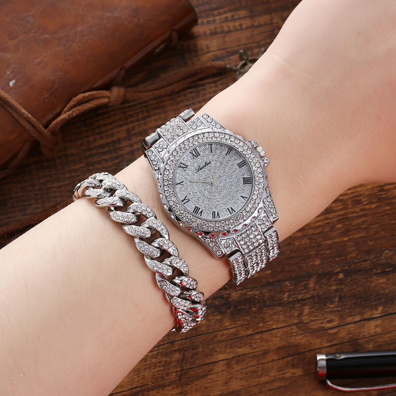 Luxury Watch Set Hip Hop Watches Necklace Bracelet Chain Iced Out Paved Rhinestone Bling Jewelry Box