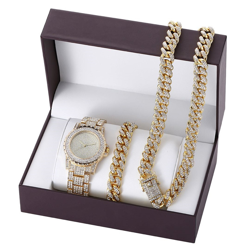 Luxury Watch Set Hip Hop Watches Necklace Bracelet Chain Iced Out Paved Rhinestone Bling Jewelry Box